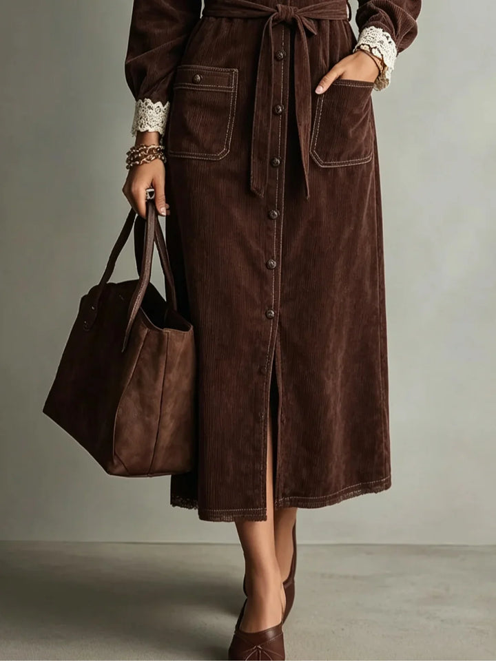 KAREN | BROWN CORDUROY LACE-COLLAR SHIRT DRESS