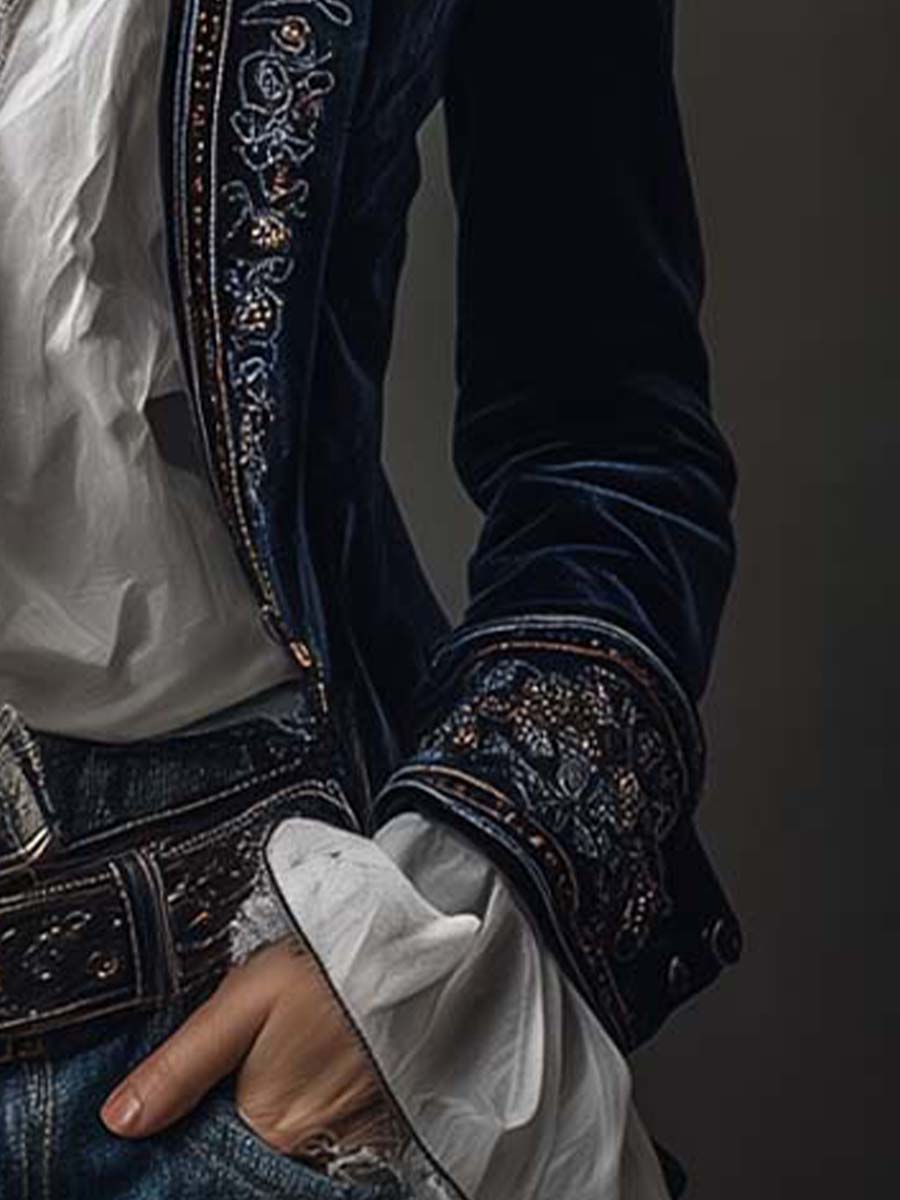 Benita | Long Vintage Velvet Jacket with Embroidery