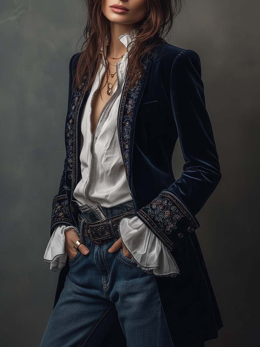 Benita | Long Vintage Velvet Jacket with Embroidery