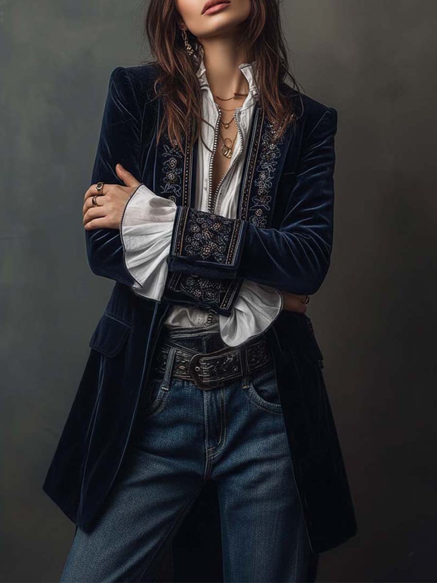 Benita | Long Vintage Velvet Jacket with Embroidery