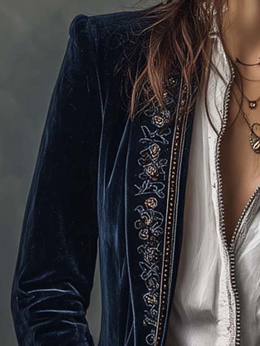 Benita | Long Vintage Velvet Jacket with Embroidery