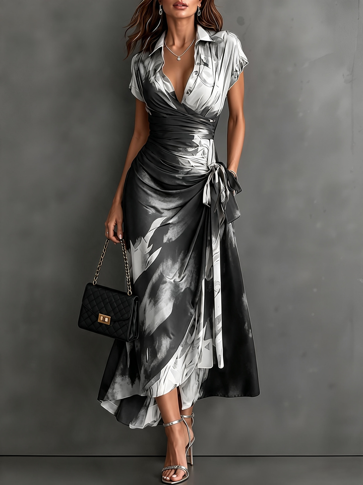 Red and Black Abstract Print Wrap Midi Dress, V-Neck Collared, Short Sleeve, Tie Waist, Asymmetrical Hem with Ruffles