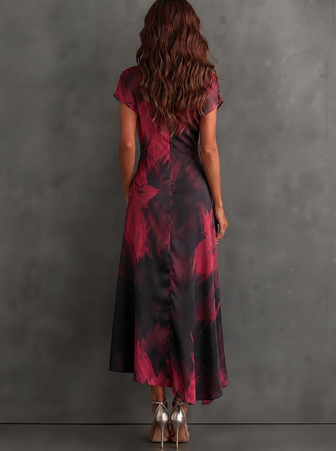 Red and Black Abstract Print Wrap Midi Dress, V-Neck Collared, Short Sleeve, Tie Waist, Asymmetrical Hem with Ruffles
