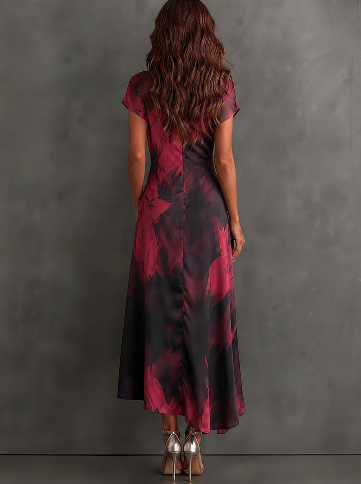 Red and Black Abstract Print Wrap Midi Dress, V-Neck Collared, Short Sleeve, Tie Waist, Asymmetrical Hem with Ruffles