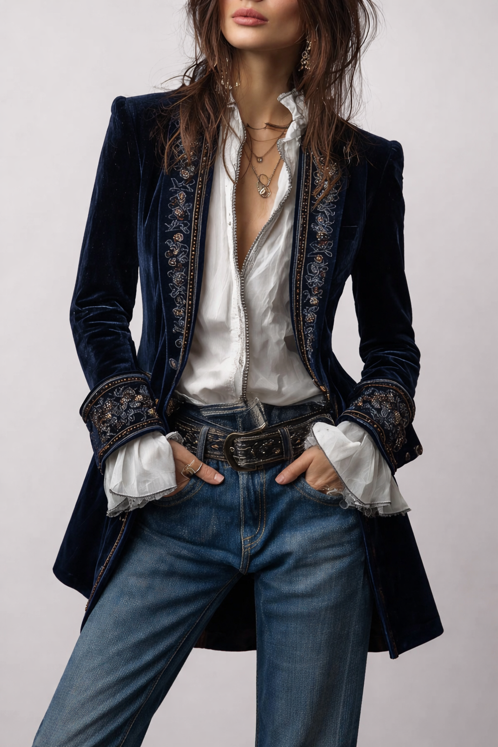 Lindsey | Long Vintage Velvet Jacket with Embroidery