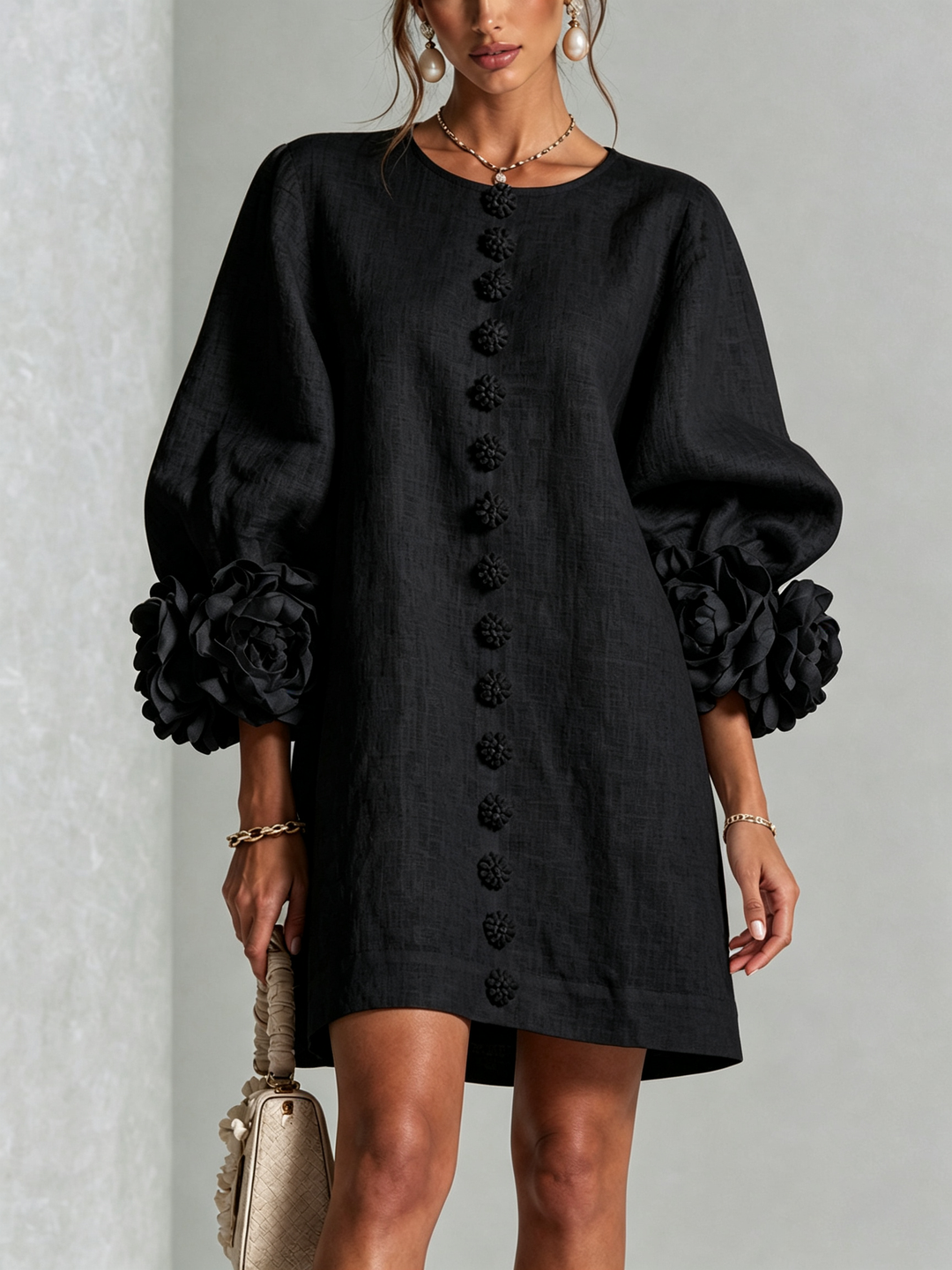 Susanna | Button-Front Floral-Cuff Mini Dress