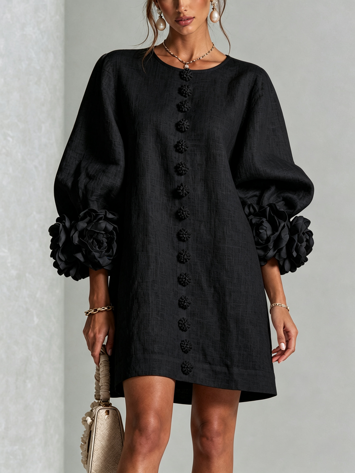 Susanna | Button-Front Floral-Cuff Mini Dress
