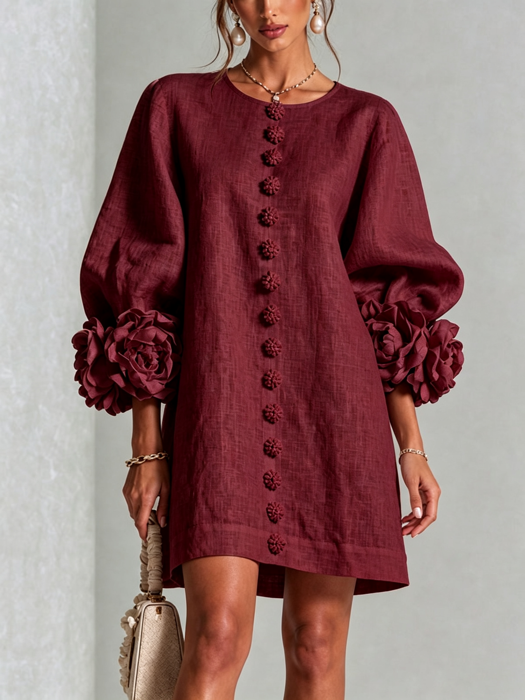 Susanna | Button-Front Floral-Cuff Mini Dress