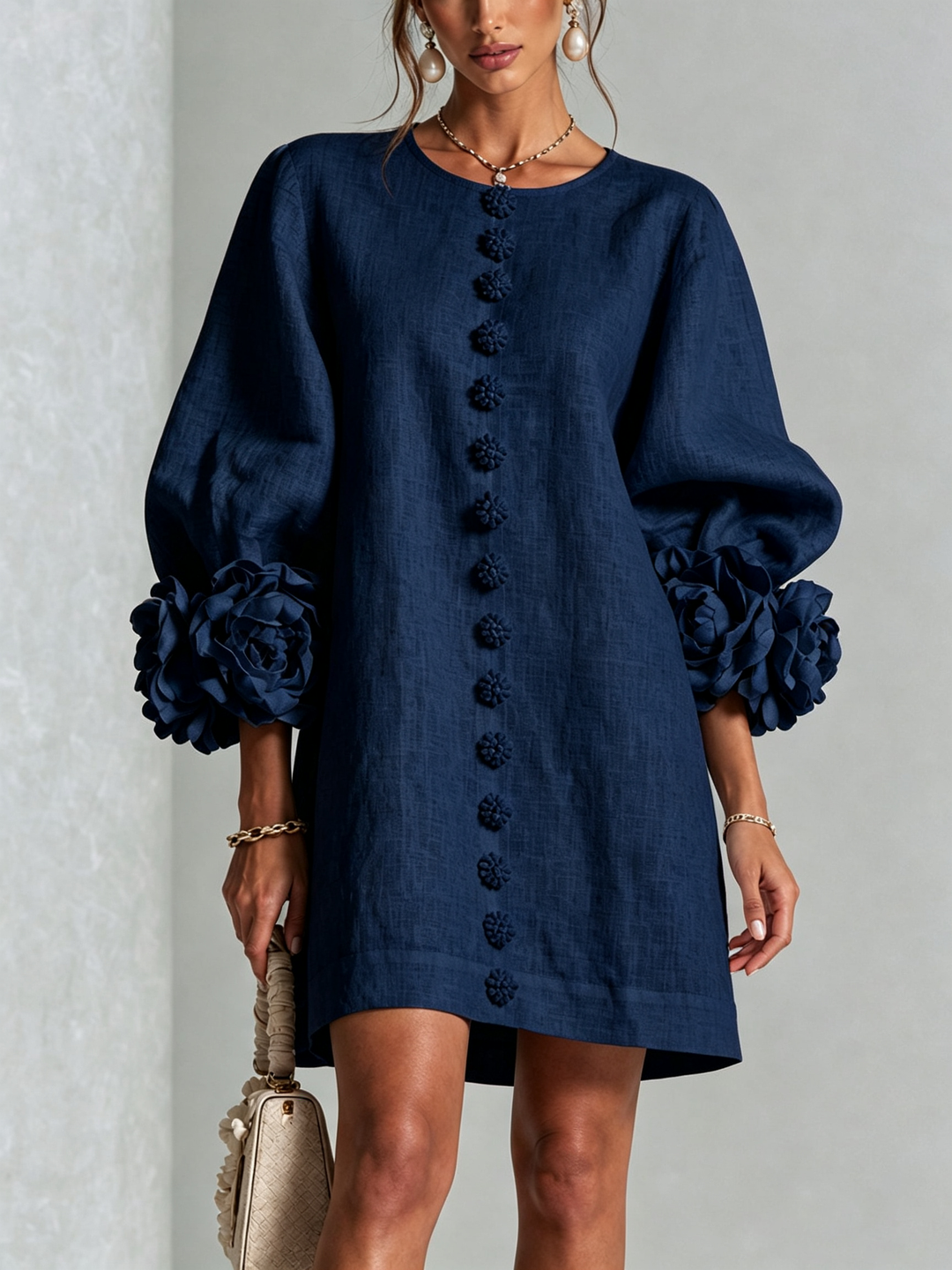 Susanna | Button-Front Floral-Cuff Mini Dress