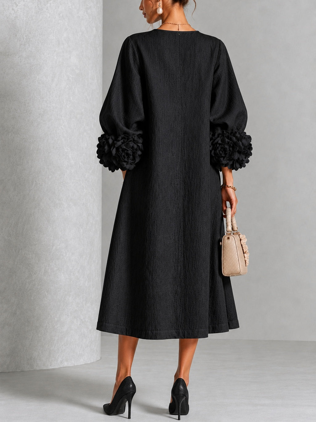 Black Floral Midi Dress with Buttons and Extravagant Floral Sleeves