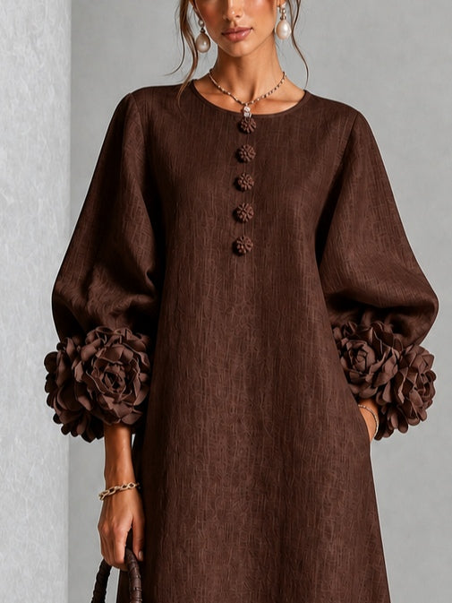 Midi Dresses with Flower Buttons and Extravagant Flower Sleeves