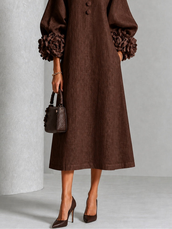 Midi Dresses with Flower Buttons and Extravagant Flower Sleeves
