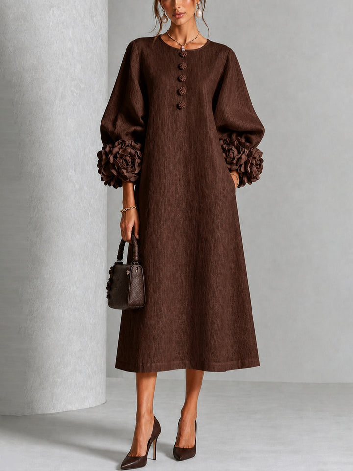 Midi Dresses with Flower Buttons and Extravagant Flower Sleeves