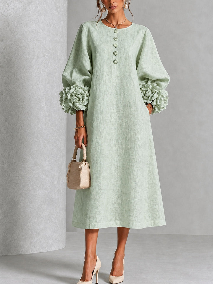 Mystic Sage Midi Dress with Flower Buttons and Extravagant Flower Sleeves