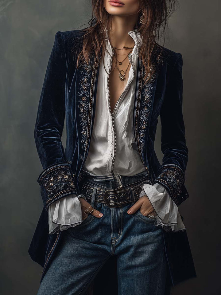 Lindsey | Long Vintage Velvet Jacket with Embroidery
