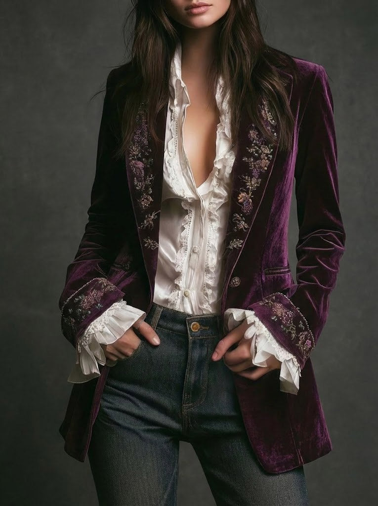 Benita | Long Vintage Velvet Jacket with Embroidery