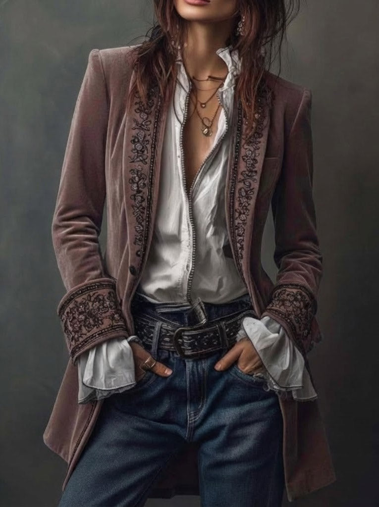 Benita | Long Vintage Velvet Jacket with Embroidery