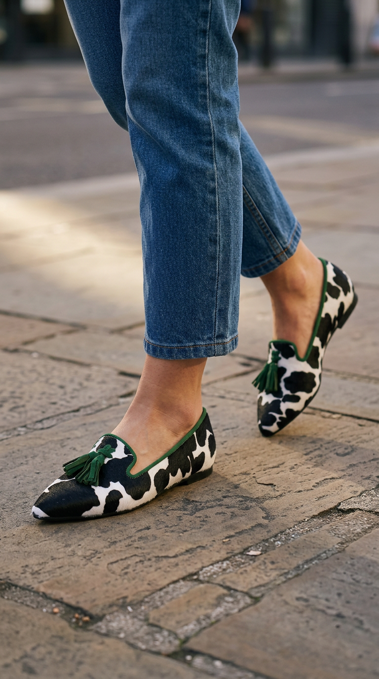 Ginevra Moccasin — Black and White Cow Print, Green Tassels