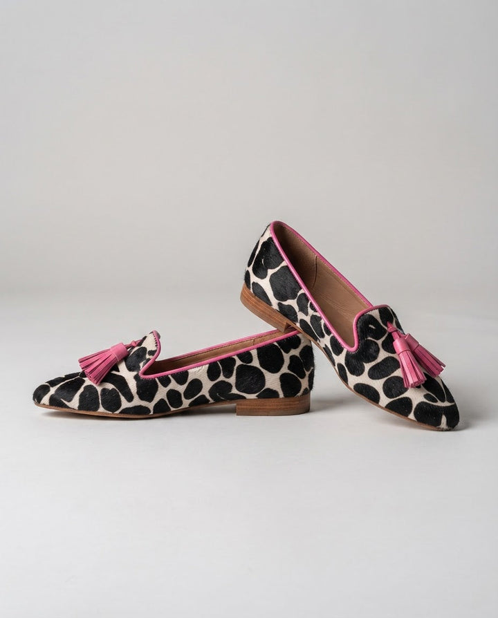 Ginevra Loafers — Black and White Cow Print, Pink Tassels