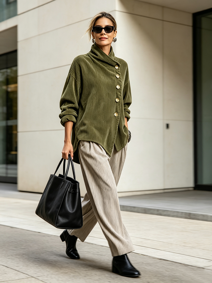 Emilia | Chic High Funnel Neck Asymmetric Corduroy Top