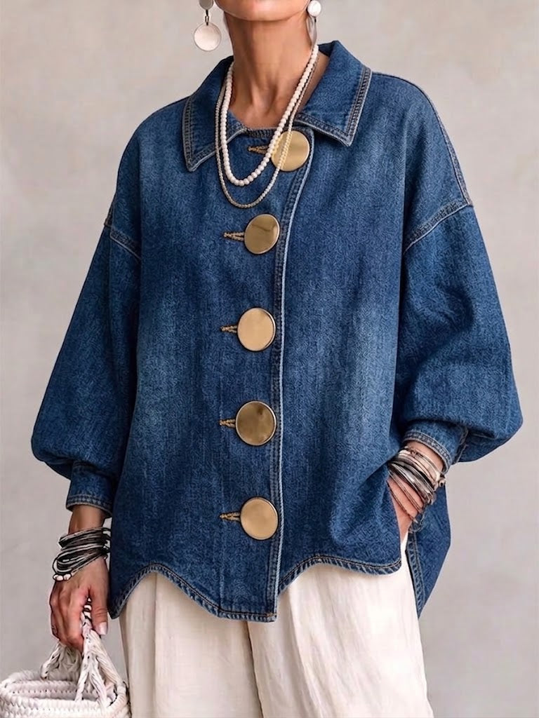 Janet | Collared Oversized Denim Jacket With Large Metal Buttons