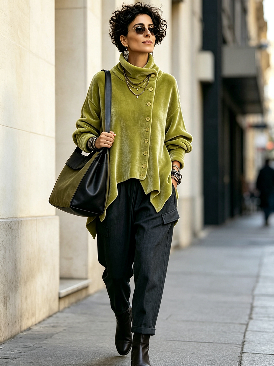 Carol | Chic Velvet Asymmetric Button Turtleneck Top