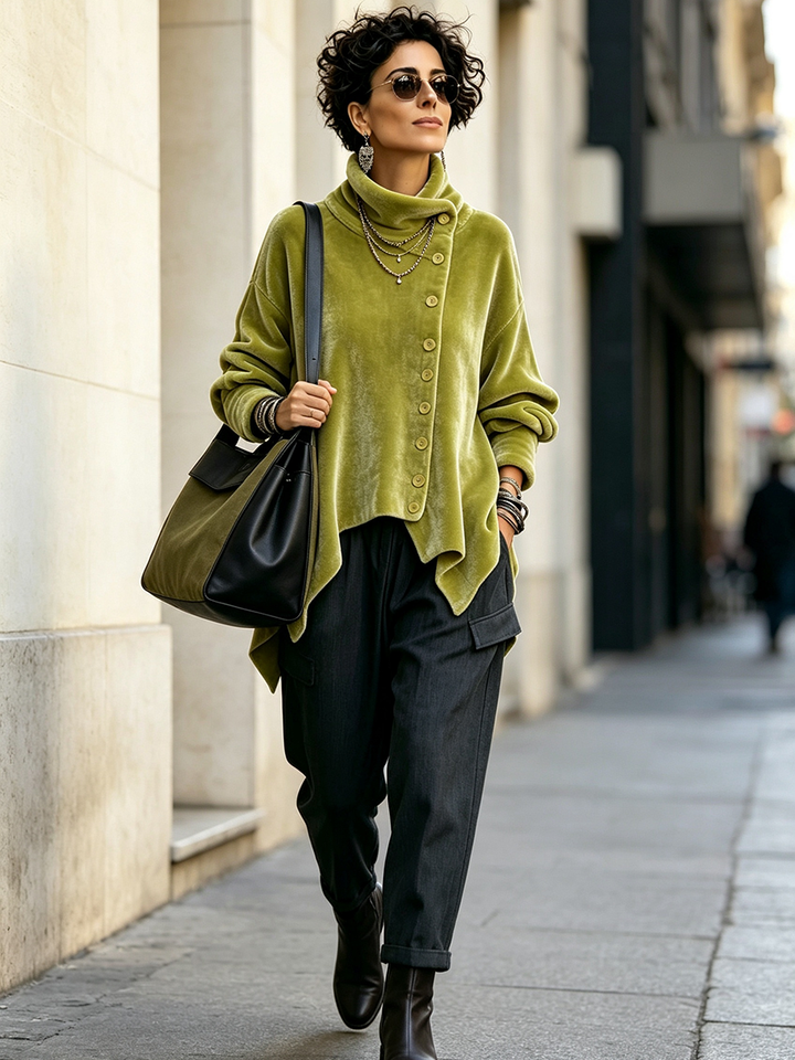 Carol | Chic Velvet Asymmetric Button Turtleneck Top