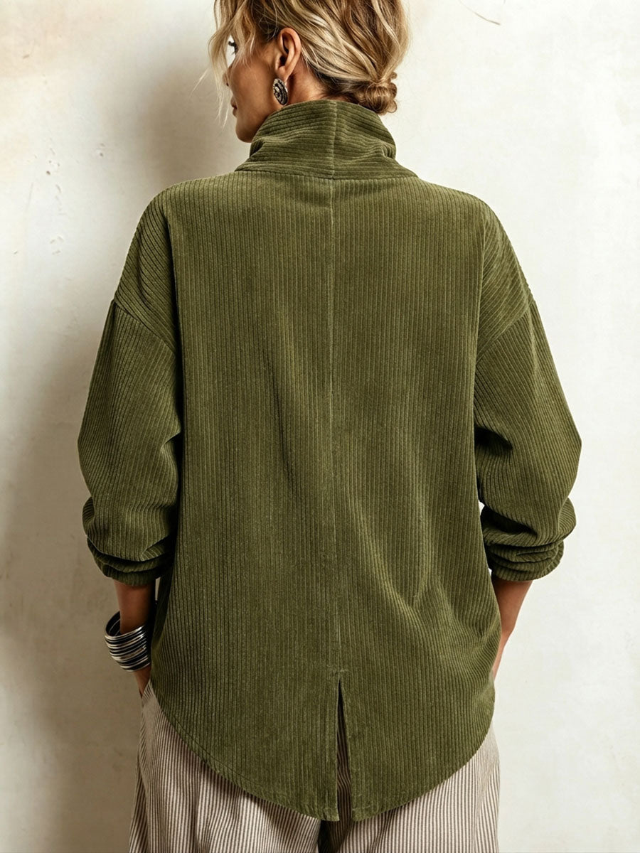 Emilia | Chic High Funnel Neck Asymmetric Corduroy Top
