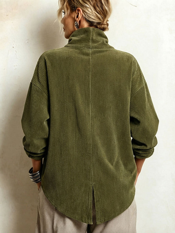 Emilia | Chic High Funnel Neck Asymmetric Corduroy Top