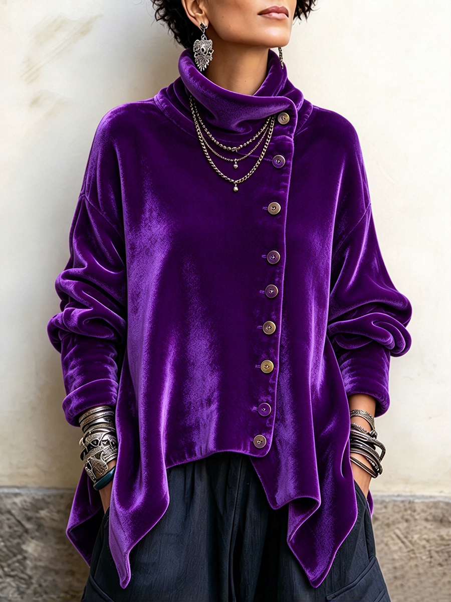 Carol | Chic Velvet Asymmetric Button Turtleneck Top