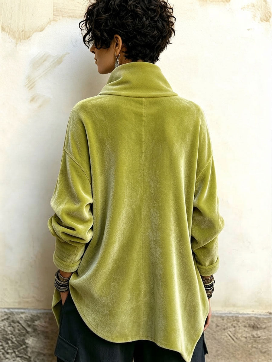 Carol | Chic Velvet Asymmetric Button Turtleneck Top