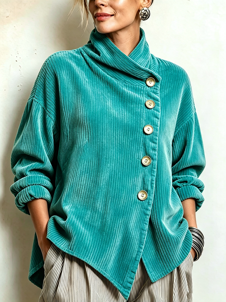 Emilia | Chic High Funnel Neck Asymmetric Corduroy Top