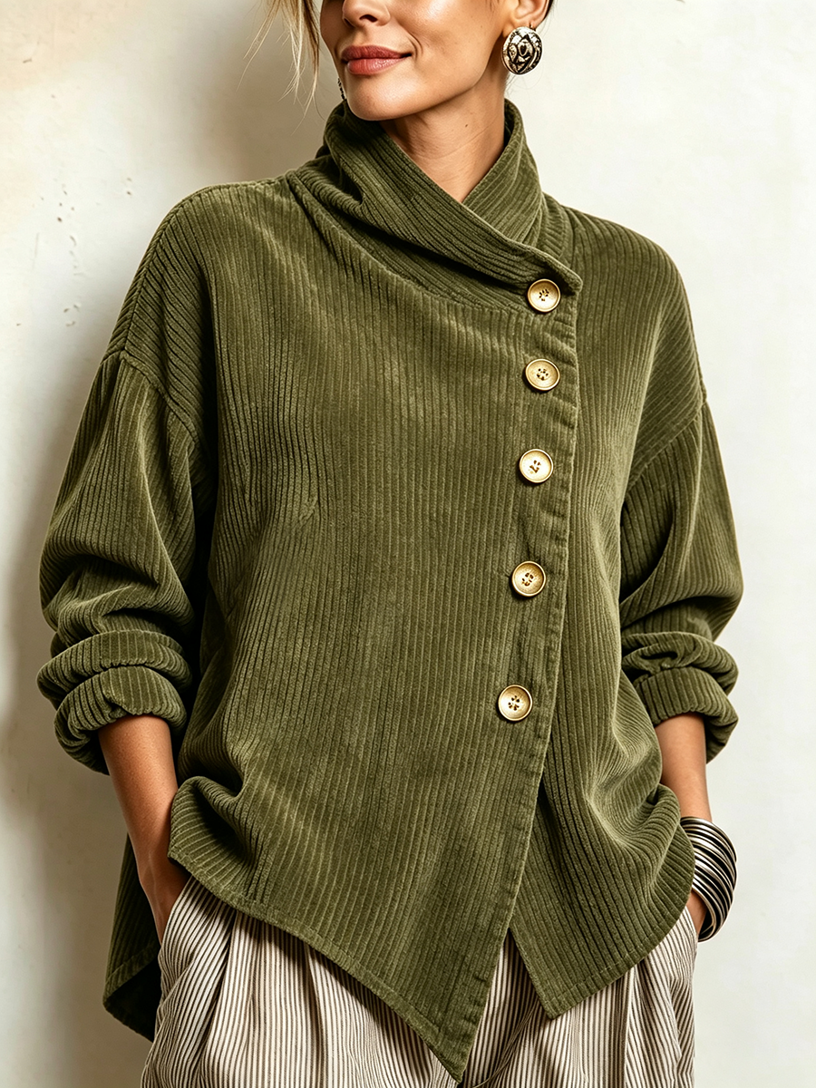 Emilia | Chic High Funnel Neck Asymmetric Corduroy Top