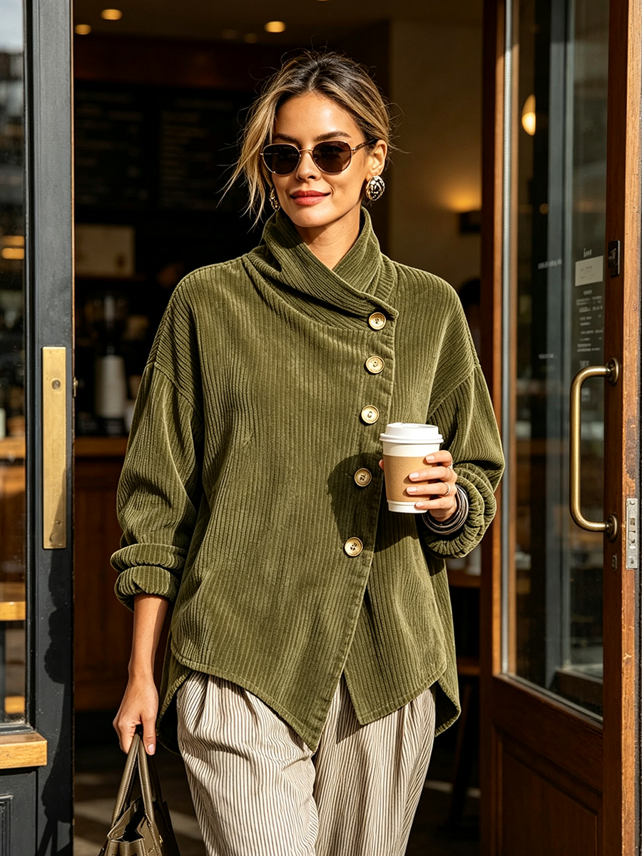 Emilia | Chic High Funnel Neck Asymmetric Corduroy Top
